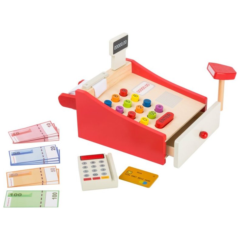 Small foot kasseapparat i tr�-med kassestrimmel 